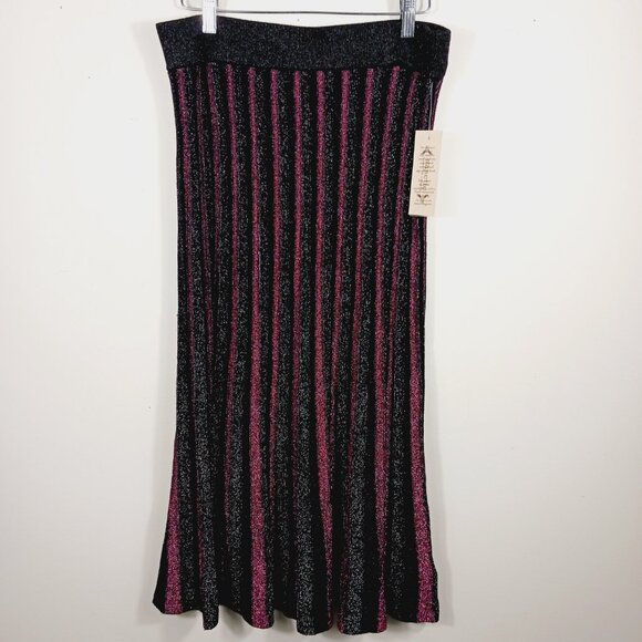 Nannette Lapore NWT Knit Pleated Sparkle Midi Skirt, Lerouge/Silver/Black, Large - Picture 3 of 16